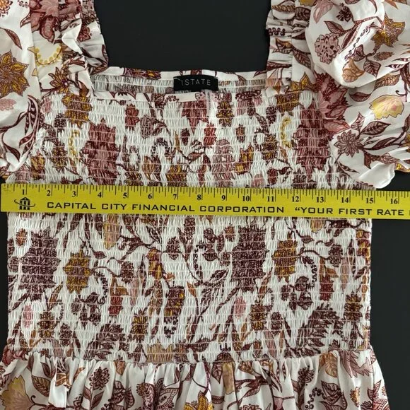 1.STATE REVOLVE Puff Sleeve‎ Smocked Mini Dress Fiesta Floral Batik Orange L - Picture 9 of 11